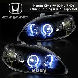 FOR Honda 96-98 Civic Black Dual Halo LED Projector Headlight withAmber EJ EM EK